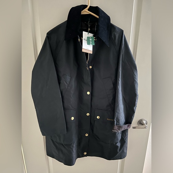 NEW! BARBOUR size 6 US Beadnell Long Wax Jacket Navy Blue Classic Tartan Gold - Picture 7 of 11